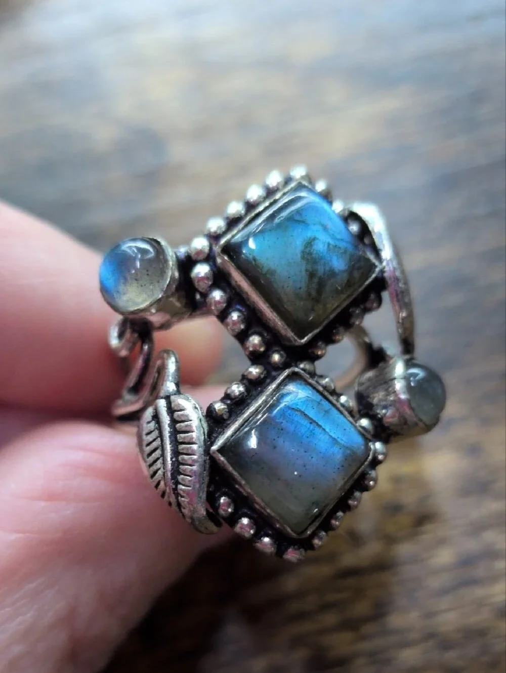 Labradorite Double Square Statement Ring - Silver Leaf Design